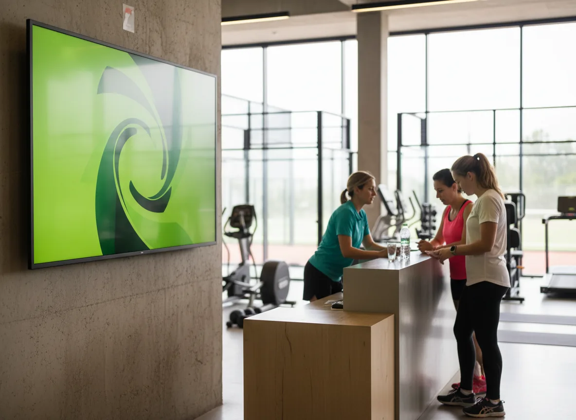 Recepción de un gimnasio con una pantalla