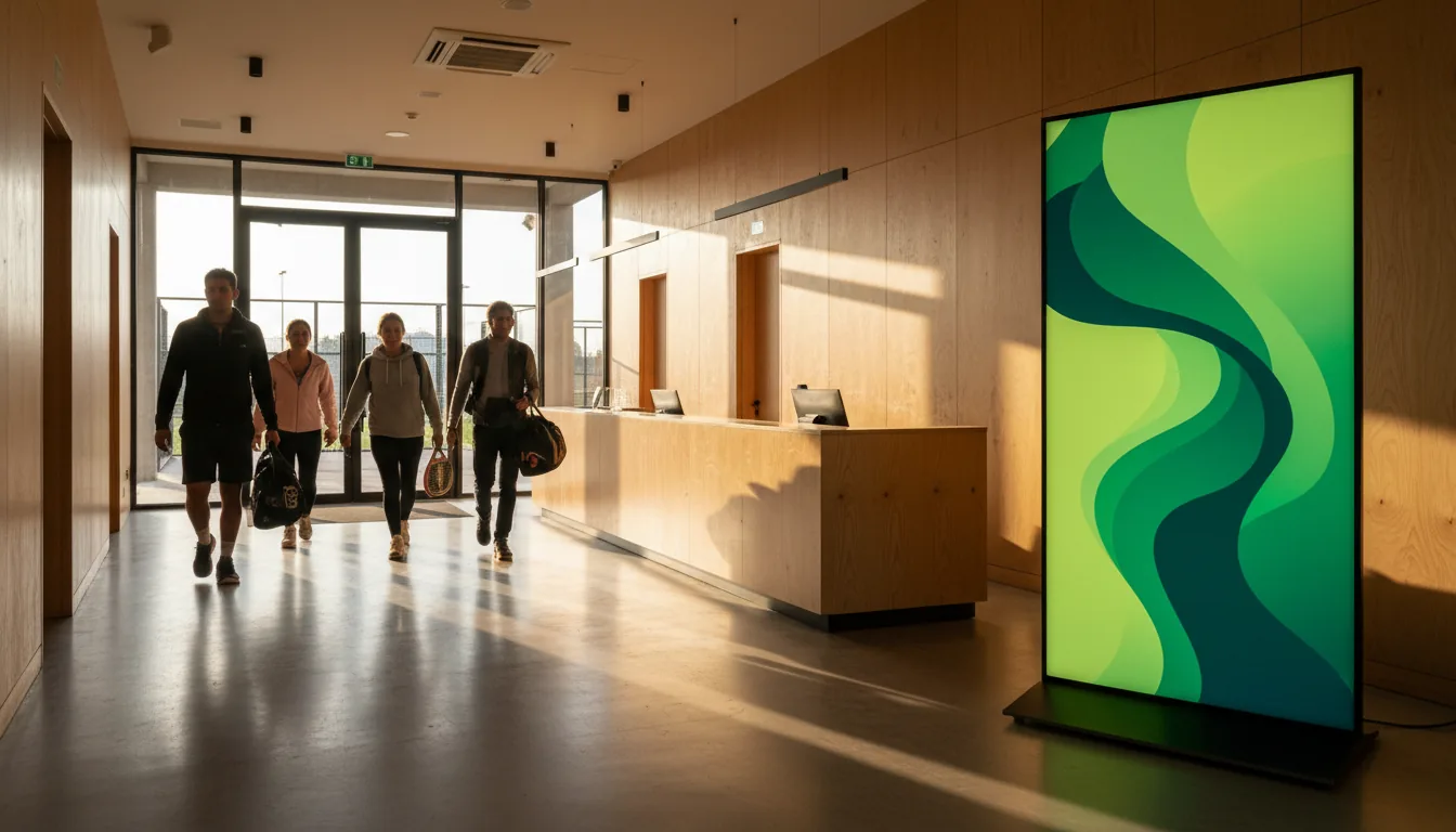 Recepción de un club de pádel con la pantalla prendida y socios entrando